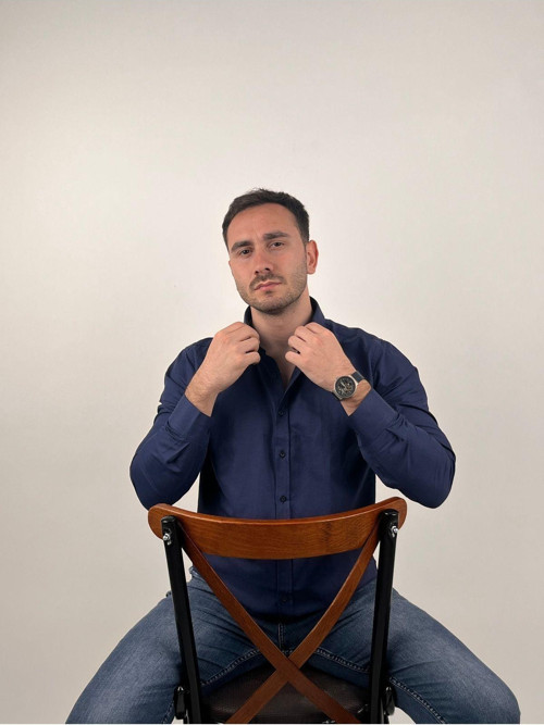 Erkek Slim Fit Uzun Kollu Düğmeli Yaka Oxford Gömlek Lacivert L