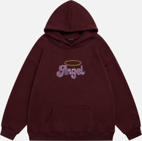 Kadın Angel Taş Baskılı Kapüşonlu Polarlı Oversize Sweatshirt Bordo L