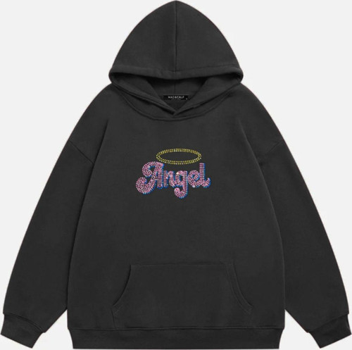 Kadın Angel Taş Baskılı Kapüşonlu Polarlı Oversize Sweatshirt Füme L
