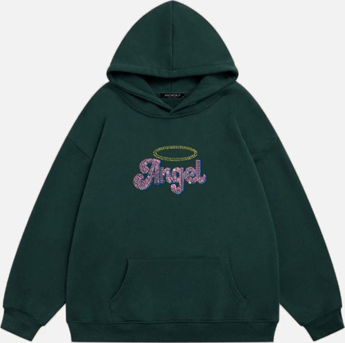 Kadın Angel Taş Baskılı Kapüşonlu Polarlı Oversize Sweatshirt Koyu Yeşil M