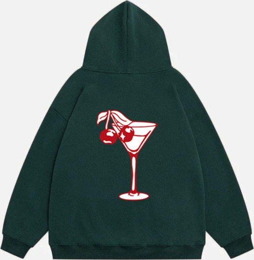 Kadın Cherry Coctail Baskılı Kapüşonlu Polarlı Oversize Sweatshirt Koyu Yeşil XL