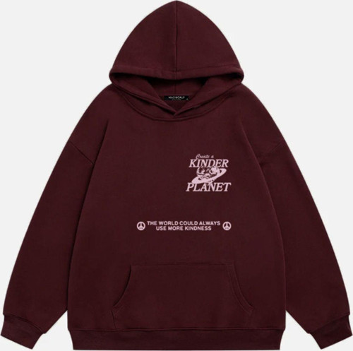 Kadın Kinder Planet Baskılı Kapüşonlu Polarlı Oversize Sweatshirt Bordo XL