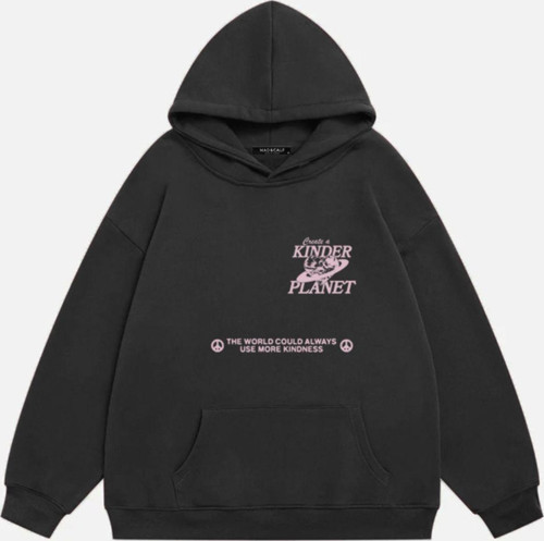 Kadın Kinder Planet Baskılı Kapüşonlu Polarlı Oversize Sweatshirt Füme S
