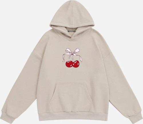 Kadın Cherry Baskılı Kapüşonlu İçi Polarlı Oversize Sweatshirt Bej L