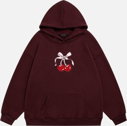 Kadın Cherry Baskılı Kapüşonlu İçi Polarlı Oversize Sweatshirt Bordo XS