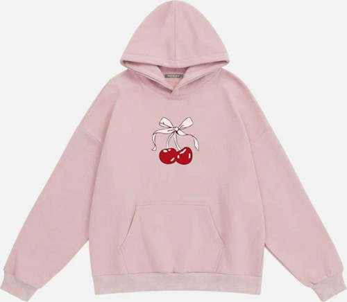 Kadın Cherry Baskılı Kapüşonlu İçi Polarlı Oversize Sweatshirt Pembe XL