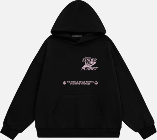 Kadın Kinder Planet Baskılı Kapüşonlu Polarlı Oversize Sweatshirt Siyah L