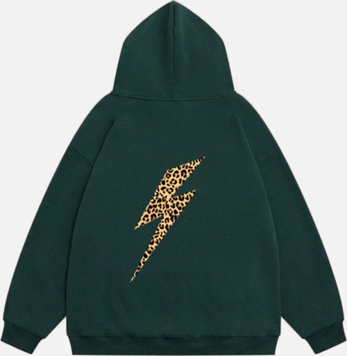 Kadın Leo Thunder Baskılı Kapüşonlu Polarlı Oversize Sweatshirt Koyu Yeşil XL