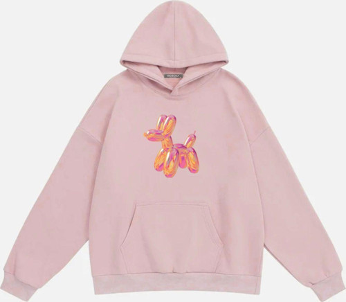 Kadın Baloon Dog Baskılı Kapüşonlu Polarlı Oversize Sweatshirt Pembe XS