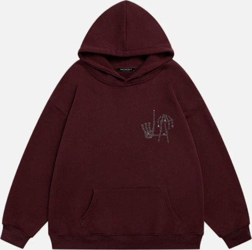 Kadın La Finger Sign Taş Baskılı Kapüşonlu Polarlı Oversize Sweatshirt Bordo M