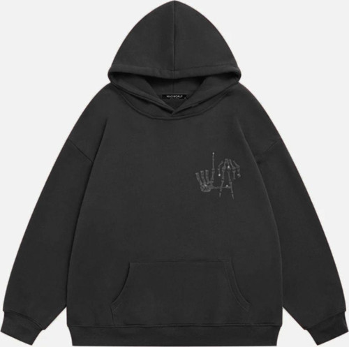 Kadın La Finger Sign Taş Baskılı Kapüşonlu Polarlı Oversize Sweatshirt Füme XS