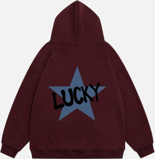 Kadın Lucky Baskılı Kapüşonlu Polarlı Oversize Sweatshirt Bordo XS
