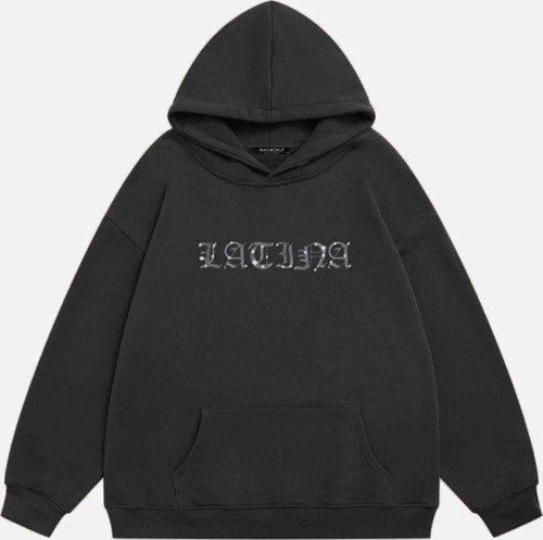 Kadın Latina Taş Baskılı Kapüşonlu Polarlı Oversize Sweatshirt Füme 2XL