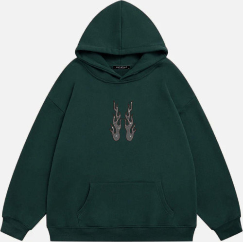 Kadın Flame Taş Baskılı Kapüşonlu Polarlı Oversize Sweatshirt Koyu Yeşil M