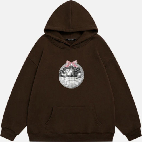 Kadın Mirror Ball Baskılı Kapüşonlu Polarlı Oversize Sweatshirt Kahverengi M