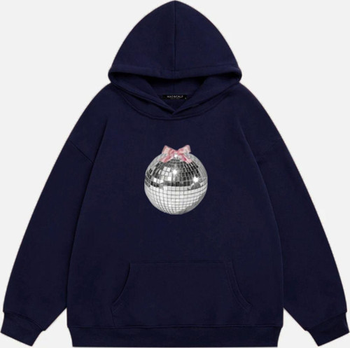 Kadın Mirror Ball Baskılı Kapüşonlu Polarlı Oversize Sweatshirt Lacivert M