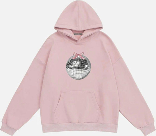 Kadın Mirror Ball Baskılı Kapüşonlu Polarlı Oversize Sweatshirt Pembe XL