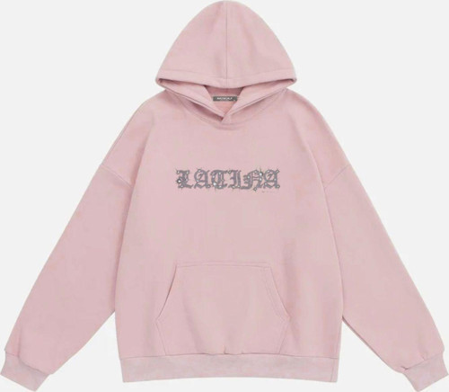 Kadın Latina Taş Baskılı Kapüşonlu Polarlı Oversize Sweatshirt Pembe L