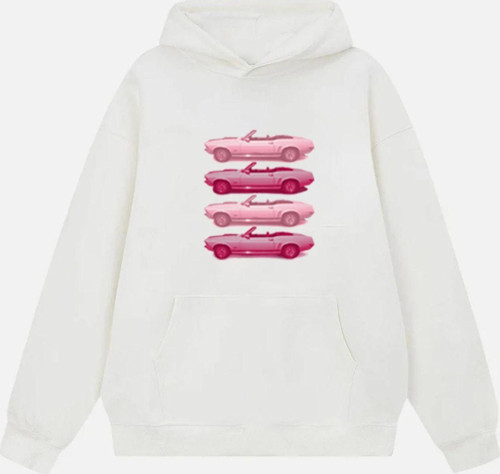 Kadın Pink Cars Baskılı Kapüşonlu Polarlı Oversize Sweatshirt Ekru XL