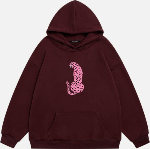 Kadın Pink Leopard Baskılı Kapüşonlu Polarlı Oversize Sweatshirt Bordo XL