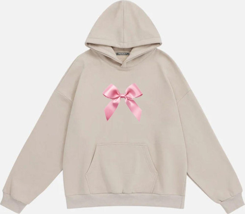 Kadın Pink Ribbon Baskılı Kapüşonlu Polarlı Oversize Sweatshirt Bej XL