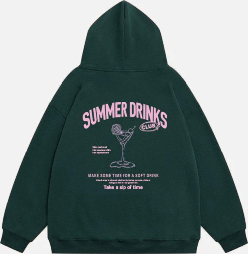 Kadın Summer Drinks Baskılı Kapüşonlu Polarlı Oversize Sweatshirt Koyu Yeşil S