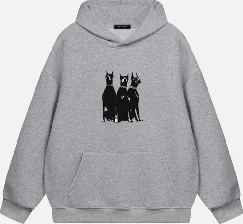 Unisex Doberman Baskılı Kapüşonlu Polarlı Oversize Sweatshirt Gri 2XL