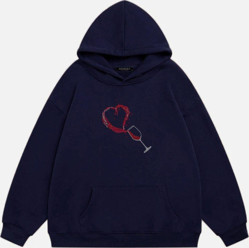 Kadın Wine Glass Taş Baskılı Kapüşonlu Polarlı Oversize Sweatshirt Lacivert XL