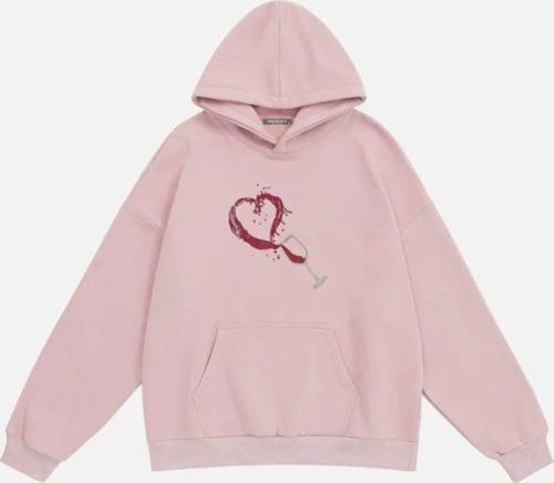 Kadın Wine Glass Taş Baskılı Kapüşonlu Polarlı Oversize Sweatshirt Pembe 2XL