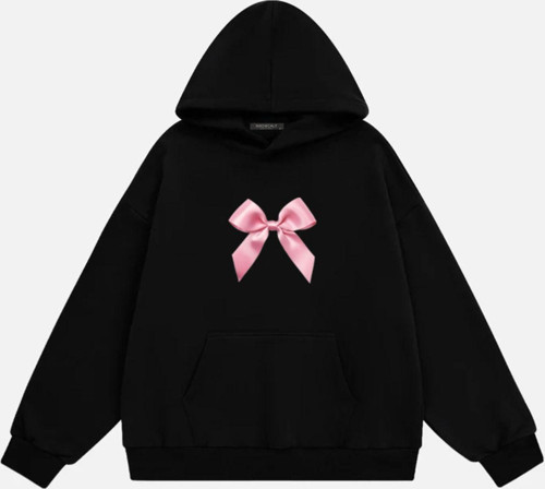 Kadın Pink Ribbon Baskılı Kapüşonlu Polarlı Oversize Sweatshirt Siyah S
