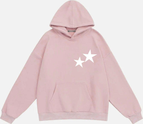 Unisex Double Star Baskılı Kapüşonlu Polarlı Oversize Sweatshirt Pembe M
