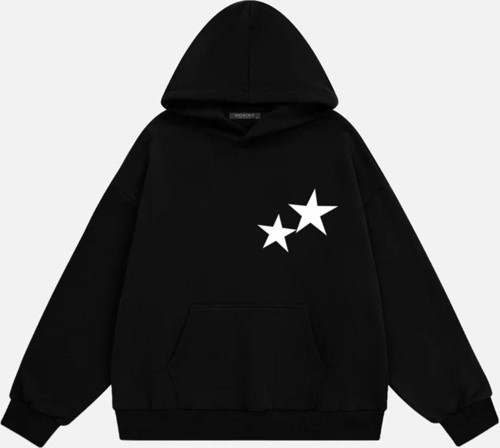 Unisex Double Star Baskılı Kapüşonlu Polarlı Oversize Sweatshirt Siyah 2XL