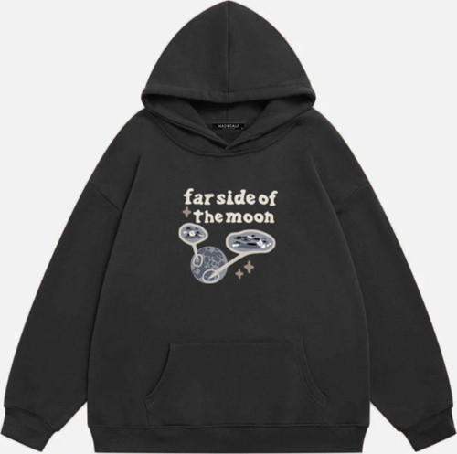 Unisex Farside Of The Moon Baskılı Kapüşonlu Polarlı Oversize Sweatshirt Füme L