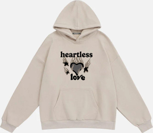Unisex Heartless Love Baskılı Kapüşonlu Polarlı Oversize Sweatshirt Bej 2XL