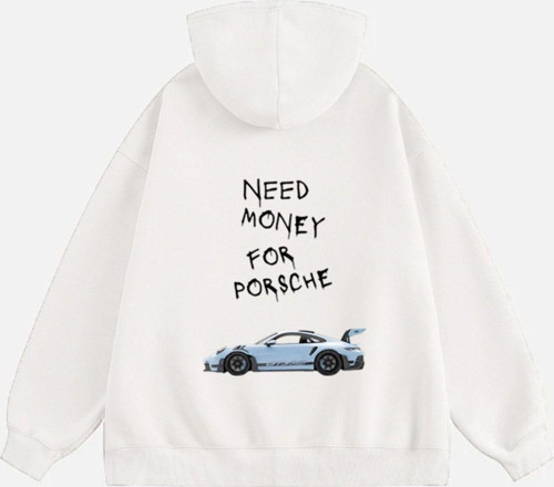Unisex Need Money 4 Porsche Baskılı Kapüşonlu Polarlı Oversize Sweatshirt Ekru M