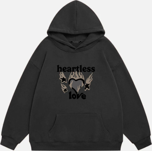Unisex Heartless Love Baskılı Kapüşonlu Polarlı Oversize Sweatshirt Füme XL