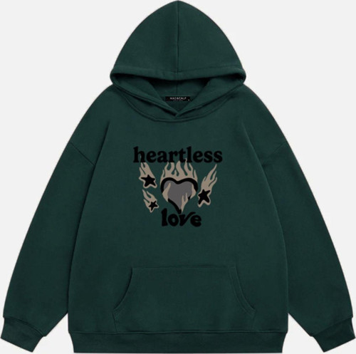 Unisex Heartless Love Baskılı Kapüşonlu Polarlı Oversize Sweatshirt Koyu Yeşil L