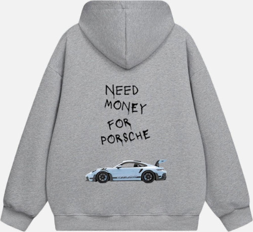 Unisex Need Money 4 Porsche Baskılı Kapüşonlu Polarlı Oversize Sweatshirt Gri XS