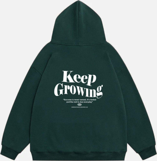 Unisex Keep Growing Baskılı Kapüşonlu Polarlı Oversize Sweatshirt Koyu Yeşil XL