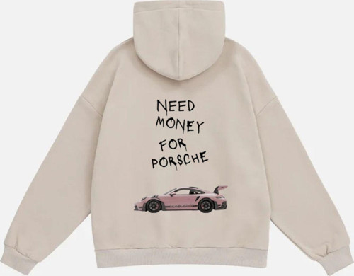 Unisex Need Money For Porsche Baskılı Kapüşonlu Polarlı Oversize Sweatshirt Bej 2XL