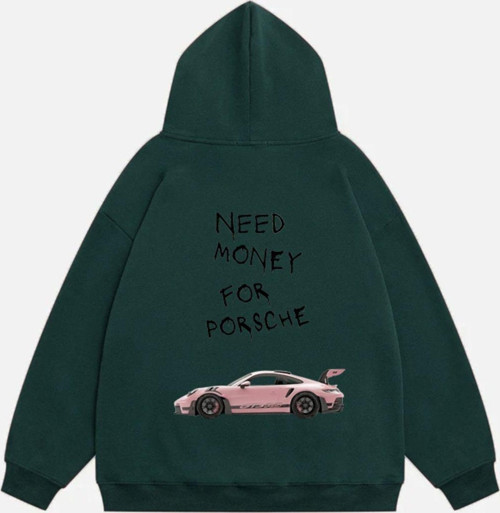 Unisex Need Money For Porsche Baskılı Kapüşonlu Polarlı Oversize Sweatshirt Koyu Yeşil XL