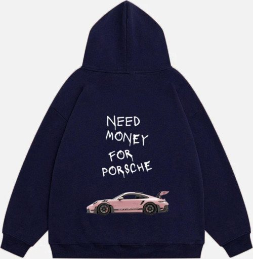 Unisex Need Money For Porsche Baskılı Kapüşonlu Polarlı Oversize Sweatshirt Lacivert 2XL