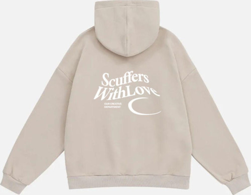 Unisex Scuffers With Love Baskılı Kapüşonlu Polarlı Oversize Sweatshirt Bej XL
