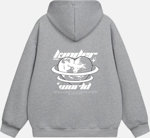 Unisex Kinder World Baskılı Kapüşonlu Polarlı Oversize Sweatshirt Gri 2XL