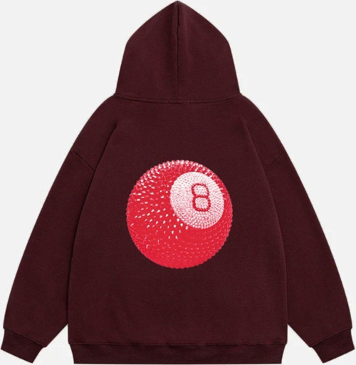 Unisex Red 8 Ball Baskılı Kapüşonlu Polarlı Oversize Sweatshirt Bordo S