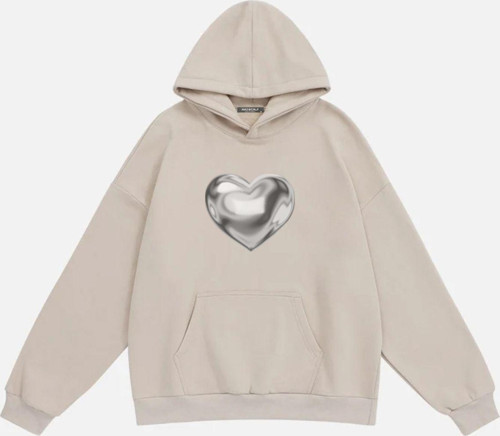 Unisex Silver Chrome Heart Baskılı Kapüşonlu Polarlı Oversize Sweatshirt Bej M