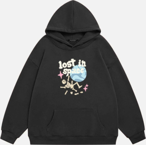 Unisex Lost In Space Baskılı Kapüşonlu Polarlı Oversize Sweatshirt Füme XS
