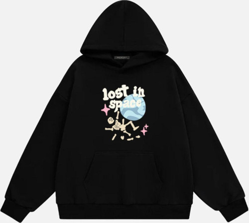 Unisex Lost In Space Baskılı Kapüşonlu Polarlı Oversize Sweatshirt Siyah XL