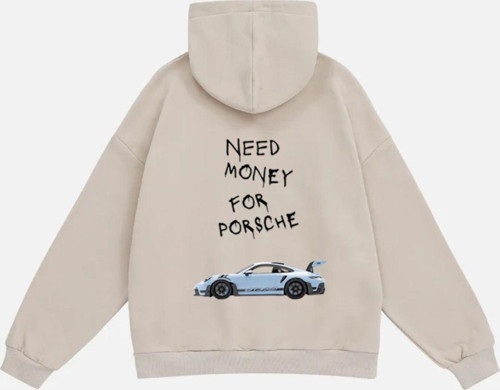 Unisex Need Money 4 Porsche Baskılı Kapüşonlu Polarlı Oversize Sweatshirt Bej M