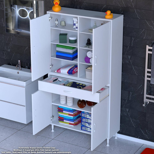 YENİ AFRA 90 x 173 x 32,5 cm 1 Çekmece 4 Kapak 7 Raf 10 Bölme Çok Amaçlı Banyo & Mutfak Dol